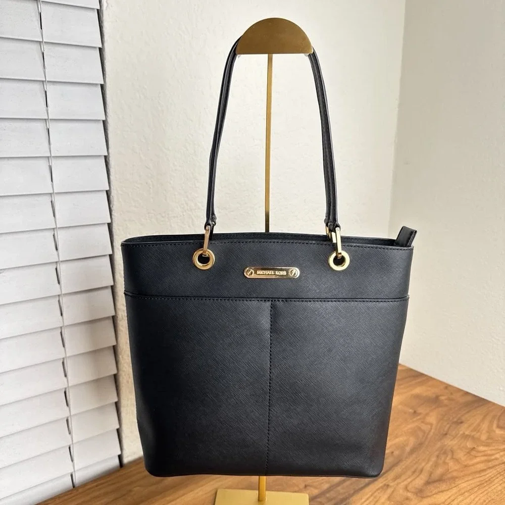 Michael Kors Bedford Medium Tote Black Saffiano Leather Bag Gold Hardware